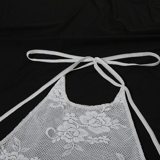 White lace halter top featured in LACE UP MESH HALTER DRESS, a stylish halter dress