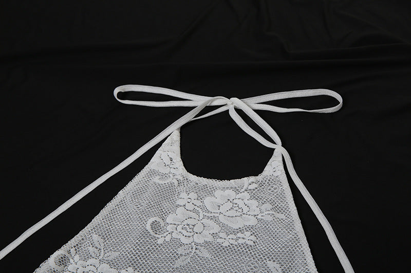 White lace halter top featured in LACE UP MESH HALTER DRESS, a stylish halter dress