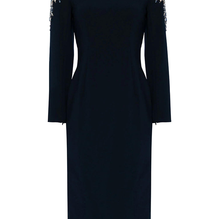 Autumn Winter Star Heavy Industry Beads Diamond Embedded Long Sleeve Mid Length Dress