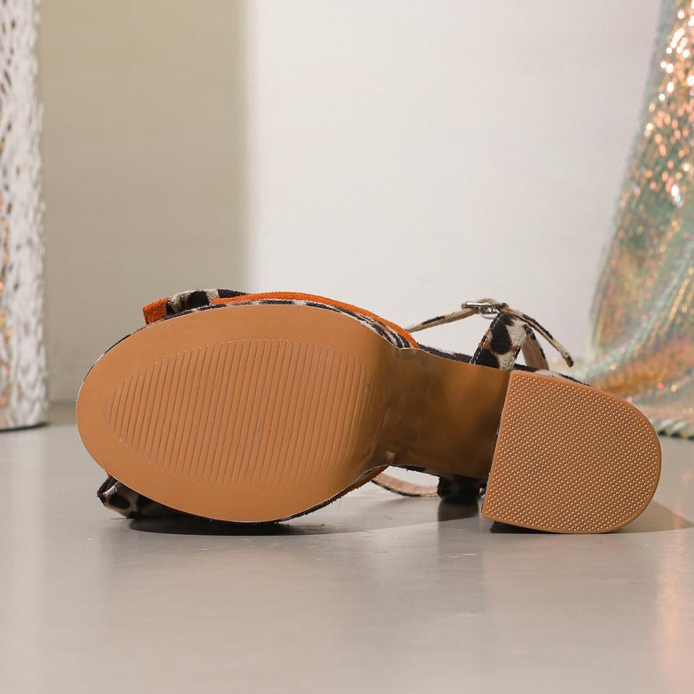 Langry fashion brown leather ankle strap sandals with orange accents