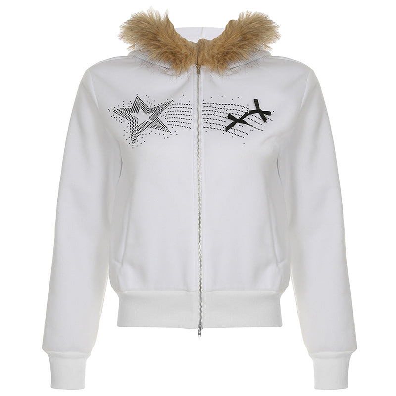 White zip-up hoodie with fur collar, rhinestone star, and xx designs for langry fashion