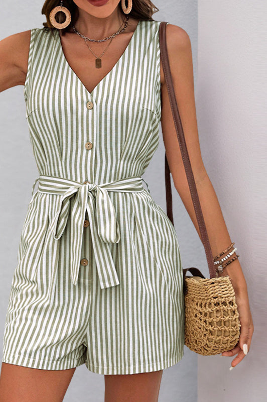 Sleeveless green and white striped romper with button front and tie waist for summer fashion
