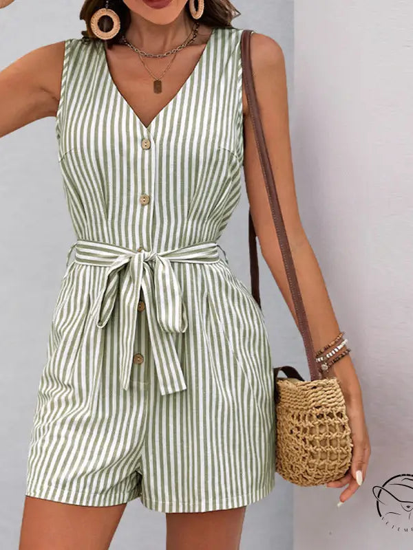 Beautiful summer jumpsuit: sleeveless green and white striped romper with button front and tie waist