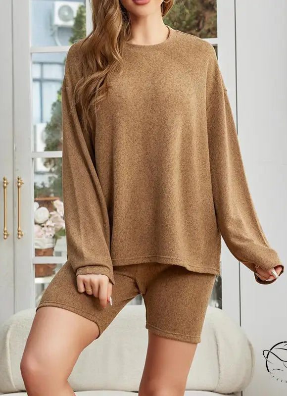 Casual langry fashion two-piece set in brown textured fabric for women