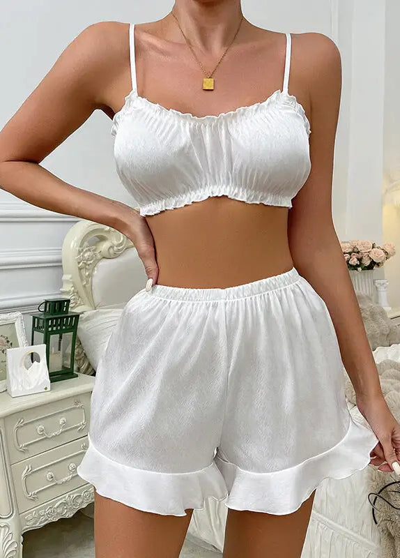 White langry fashion pajamas three-piece set with ruffled hem and lace trim