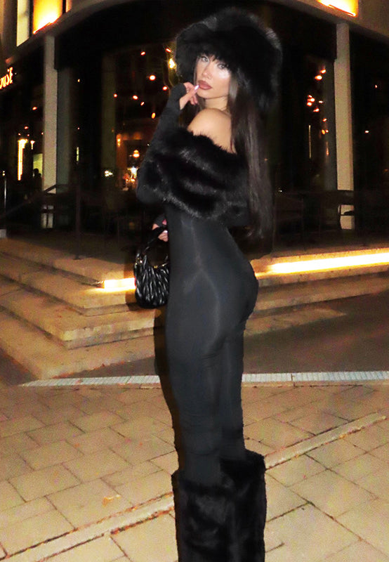 Langry elegant furry slim fit patchwork jumpsuit in black fur with fox trim hood