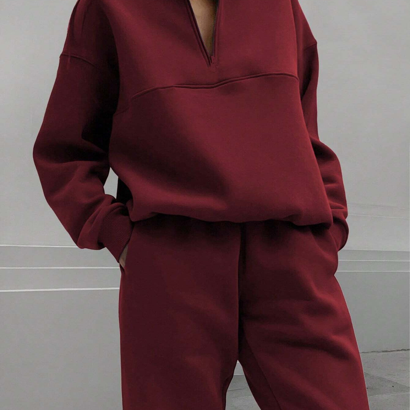 Langry fashion burgundy oversized sweatshirt and pants set with zipper collar
