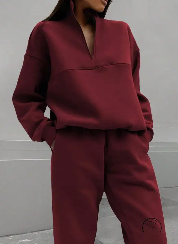 Burgundy langry fashion ملابس oversized sweatshirt pants set with zipper collar