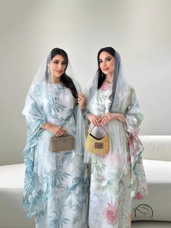 Enchanting embroidered batwing sleeve dress with floral print silk dupatta in light blue and white