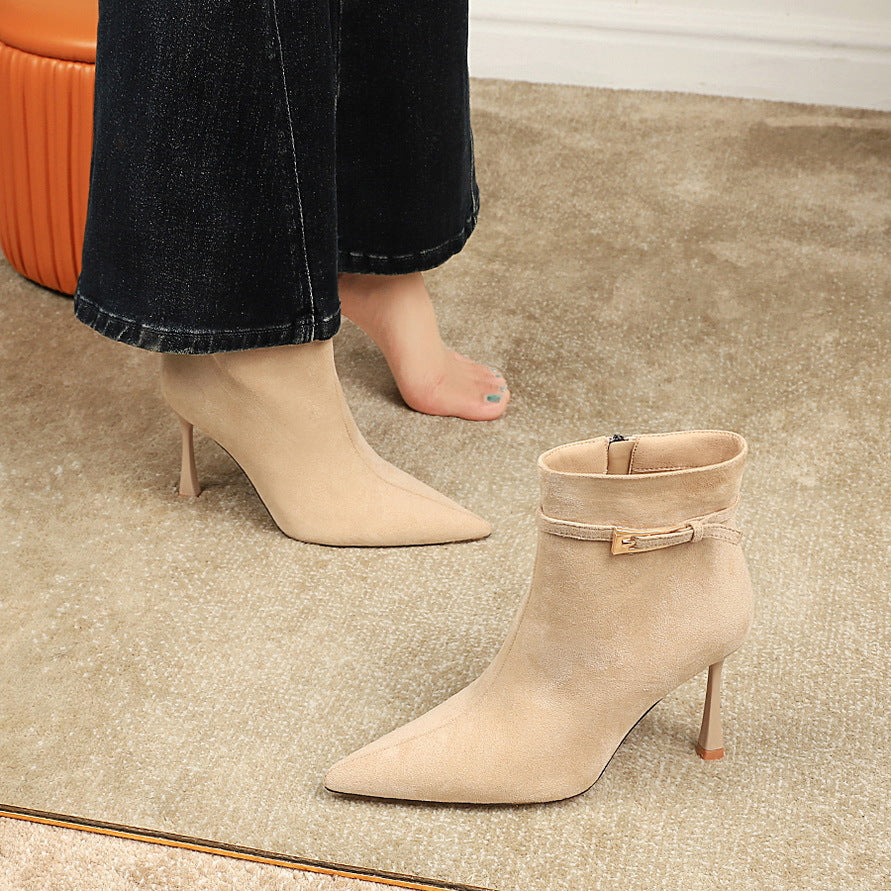 Langry beige suede ankle boot with pointed toe, thin heel, and decorative buckle