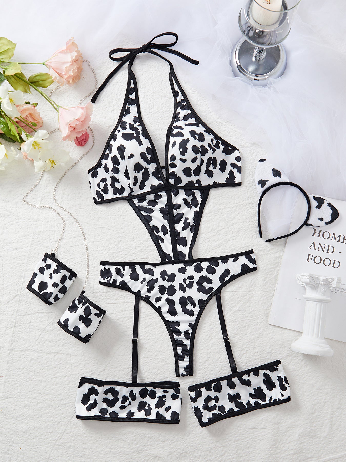 Underwear Cow Leopard Halloween Character Cosplay Clothes Hollow out Cutout Backless Halter Set