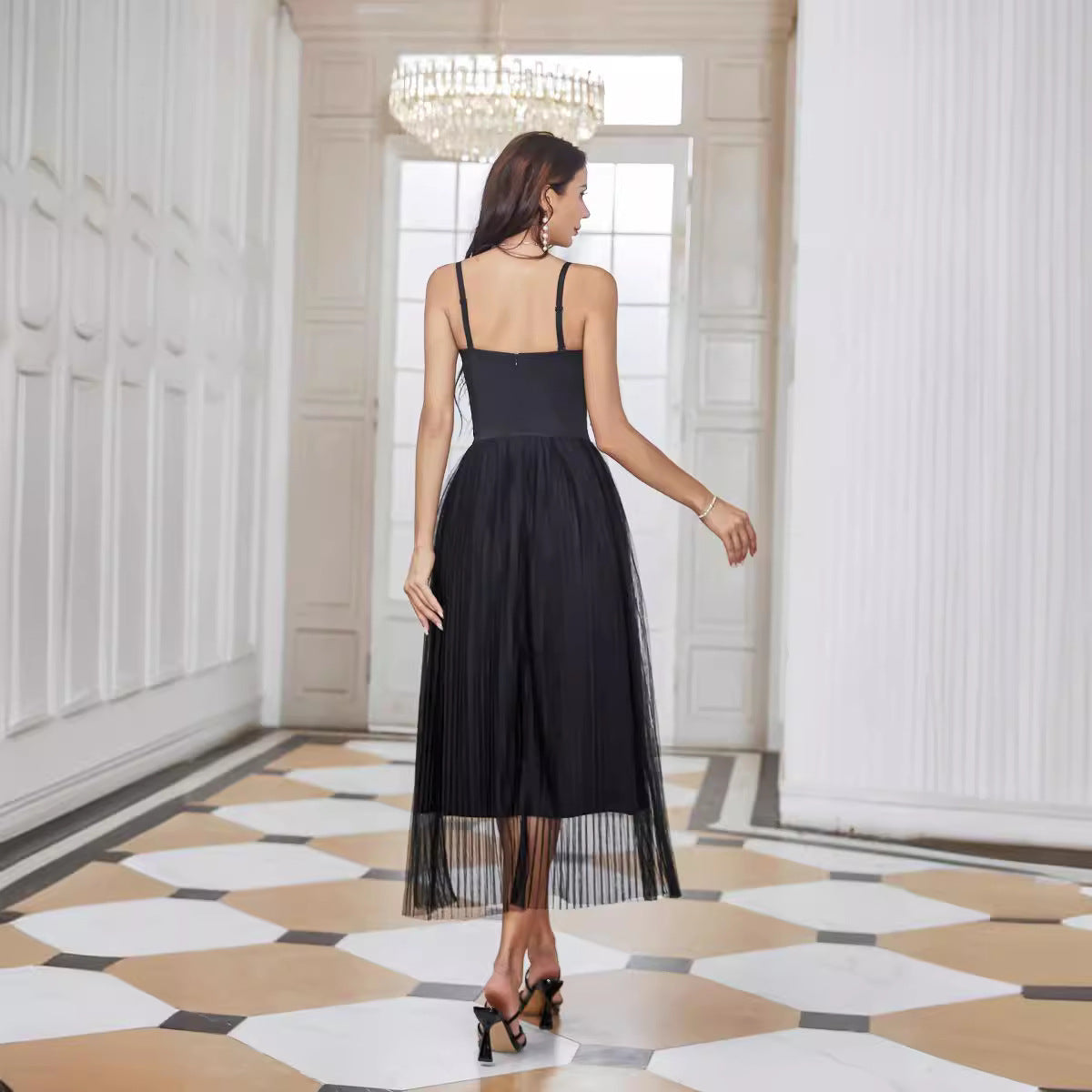 Black spaghetti strap formal dress featured in Light Diamond Feather Bridesmaids Collection