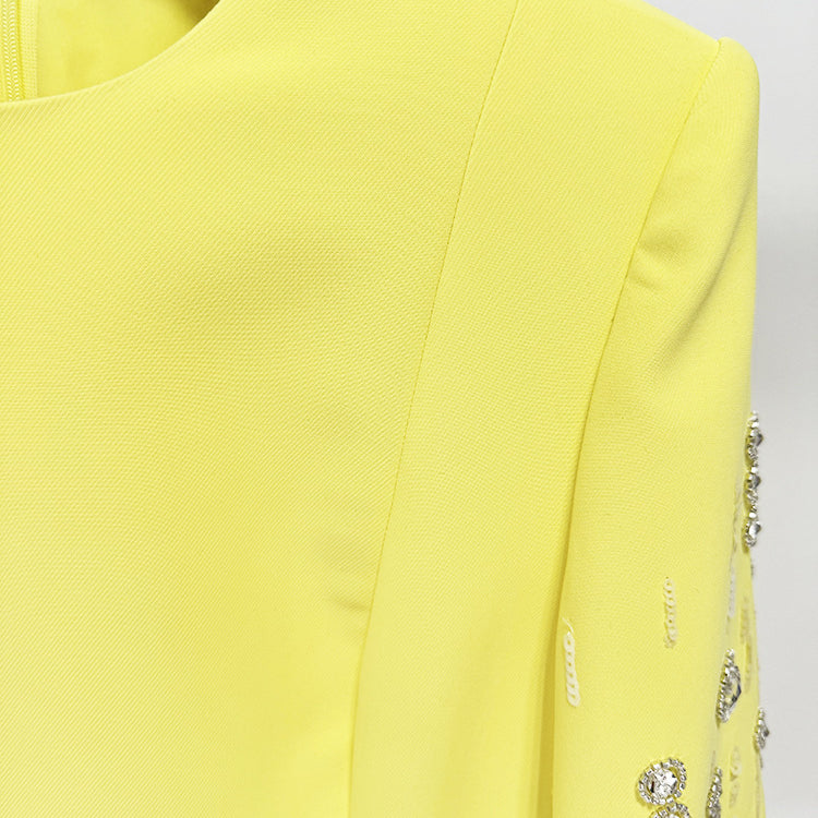 Yellow Diamond Embedded Mid Length Dress with embellished sleeves, perfect for elegant fashion