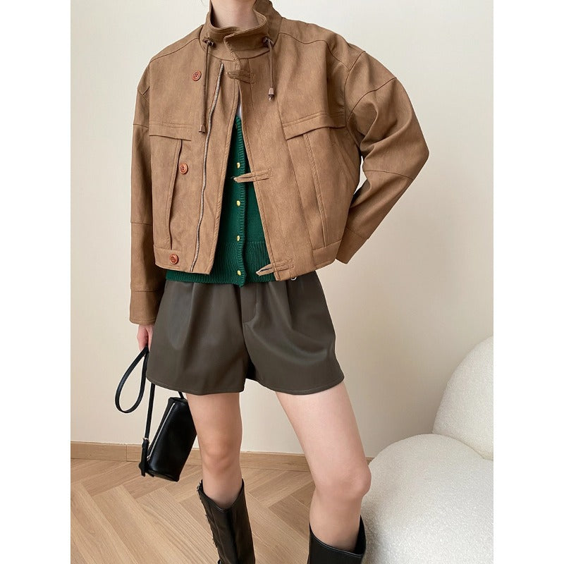 Brown cropped leather jacket for langry fashion enthusiasts, perfect for stylish ملابس