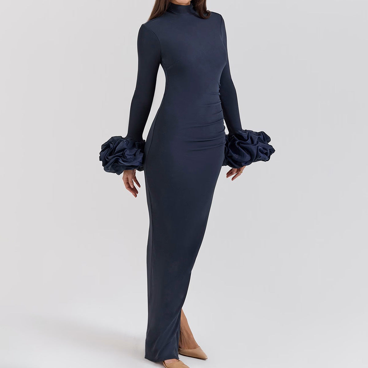 Navy long-sleeved maxi split dress with ruffled cuffs from High Grade Split Dress collection