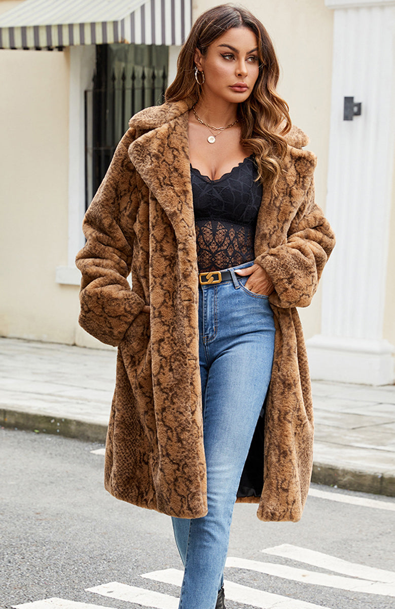 Modern retro thickened faux fur plush coat in tan with textured pattern and wide collar