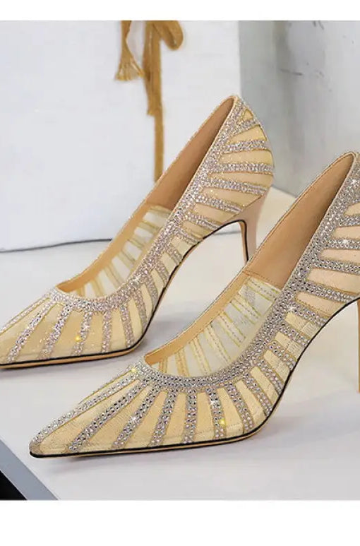 Langry fashion cocktail pointed high heels with gold rhinestones and mesh