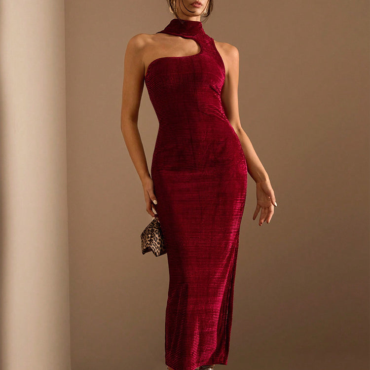 Burgundy velvet one-shoulder dress from Attractive Hollowed Sleeveless Dress collection