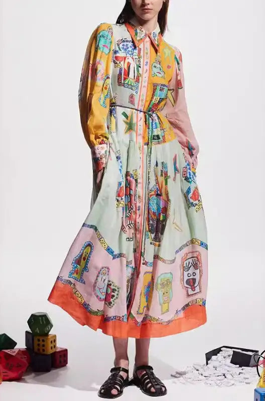 Single Breasted Long Lantern Sleeve Graffiti Printing Lace Up Large Swing Dress