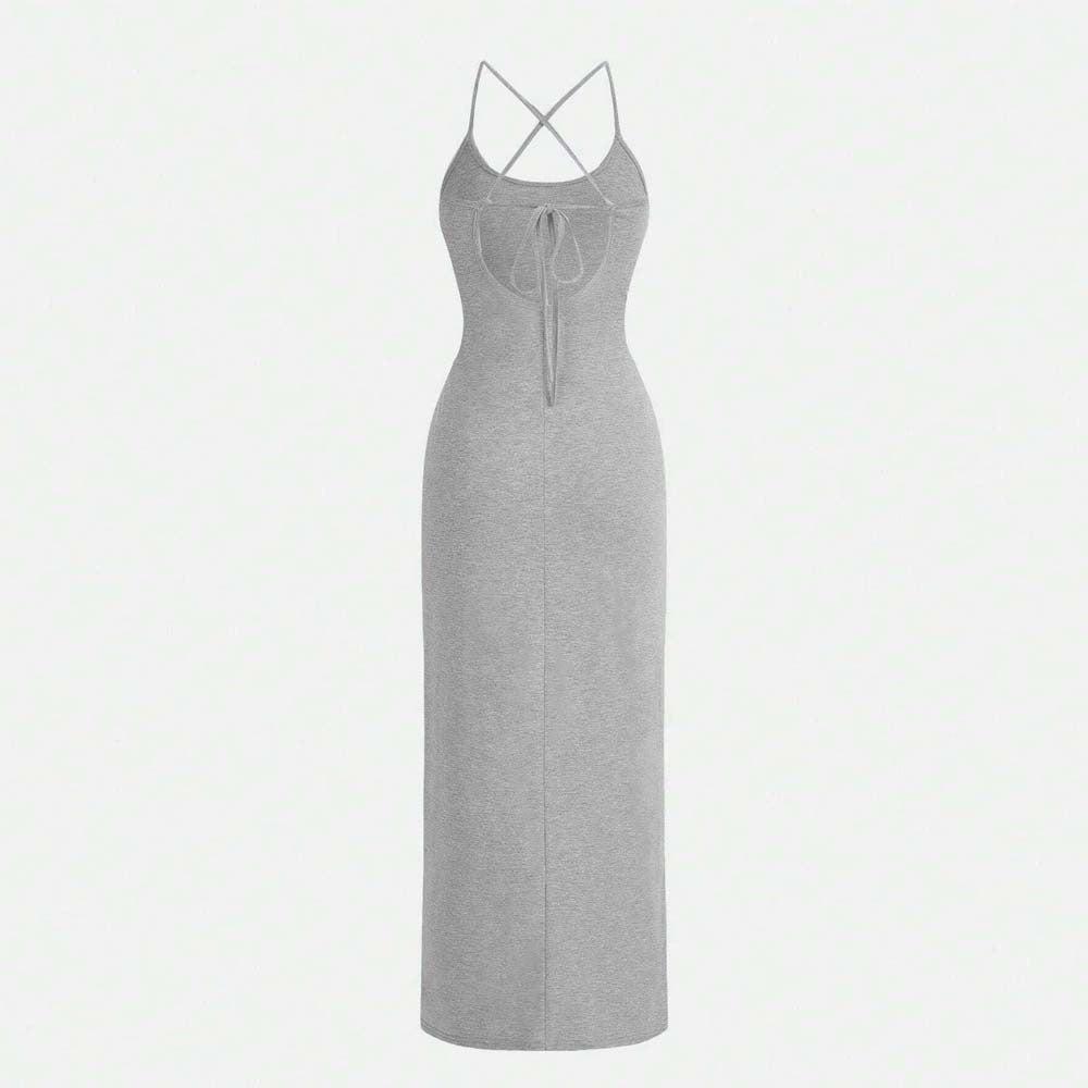Gray knit maxi dress with crisscross straps, stylish fashion ملابس for elegant look