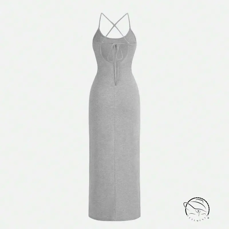 Gray knit maxi sling bare hip dress with crisscross straps