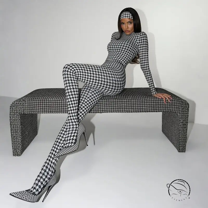 Langry fashion black and white houndstooth bodysuit with high heels