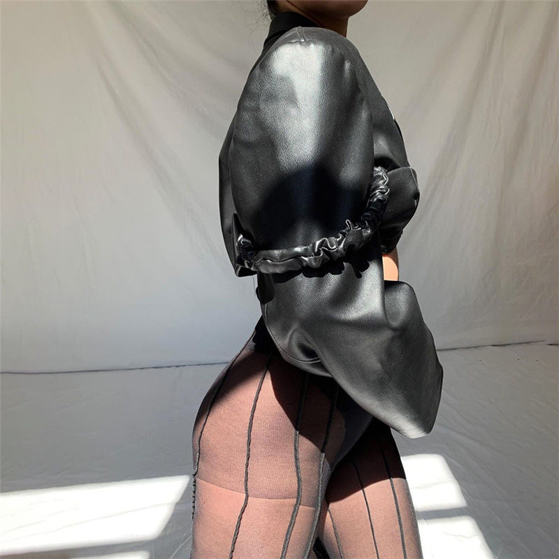 Elegant slimming faux leather shacket featuring black puff-sleeve top for fashion style
