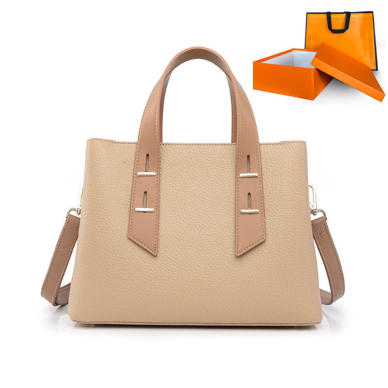 High-grade soft beige leather handbag with gold hardware in Langry fashion