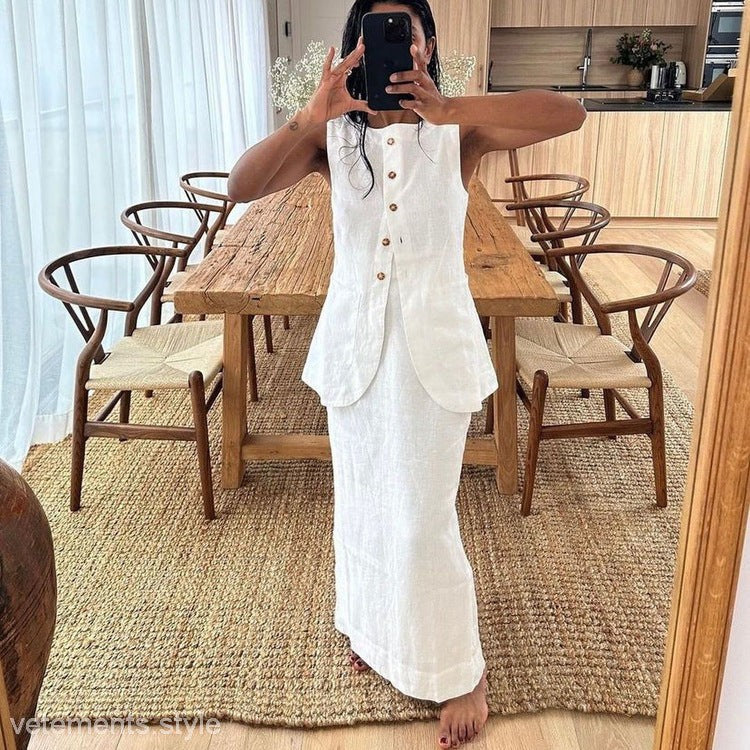 White linen high waist skirt suit from SUMMER HIGH SENSE SKIRT & TOP SET for summer elegance