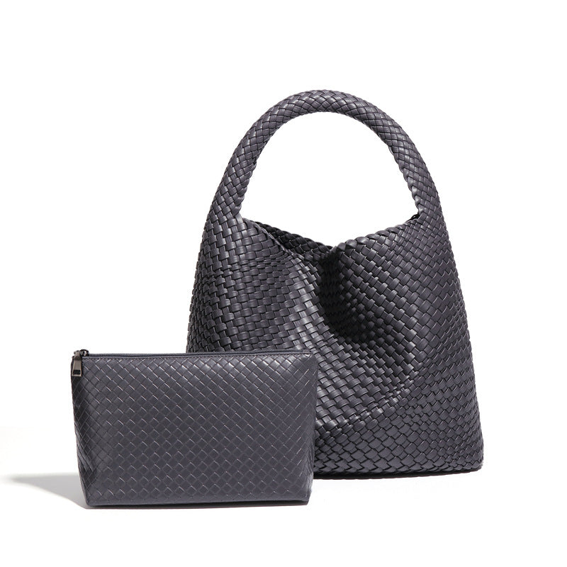 Woven gray leather handbag and pouch from the Handmade Woven Bag collection for fashion enthusiasts