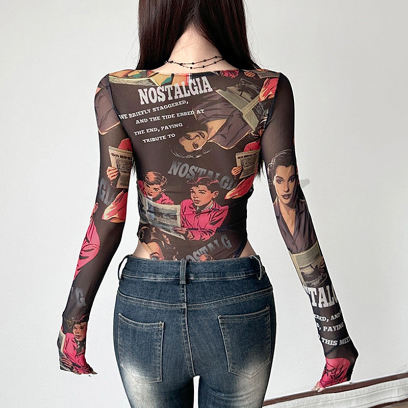 Woman’s mesh top with vintage print for fashionable ملابس in the Mesh Lace Stitching Jumpsuit