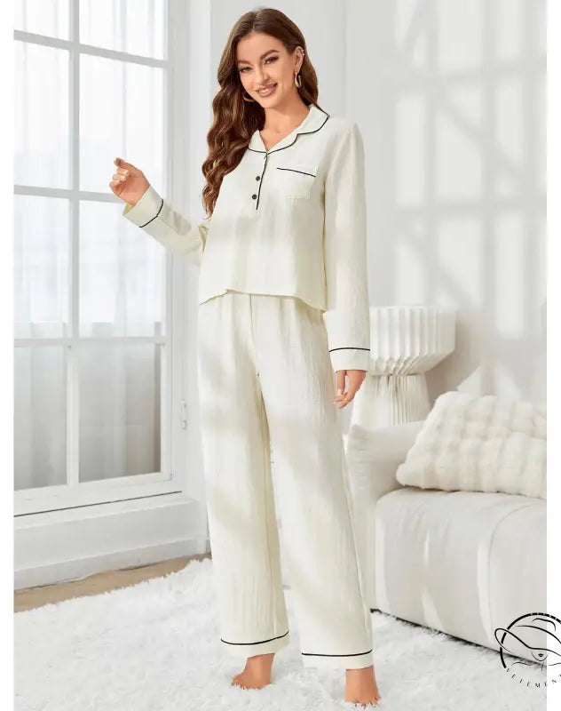 Off-white langry fashion pajamas two-piece set with black piping