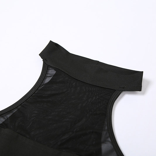 Round Neck See-through Mesh one Piece Slim Fit Patchwork Opera Glove t Shirt