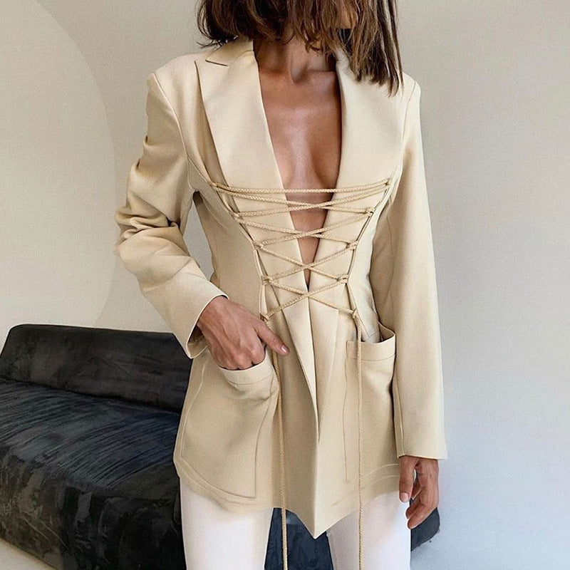 Beige Korean Office Blazer Coat with corset-style lacing showcasing elegant langry fashion and ملابس