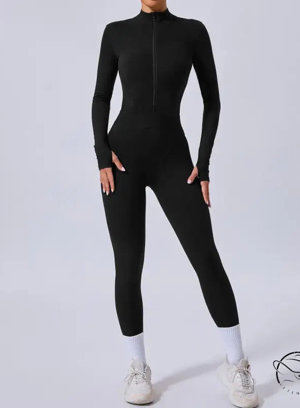 Black long-sleeved jumpsuit with comfy mesh stitching in Langry fashion
