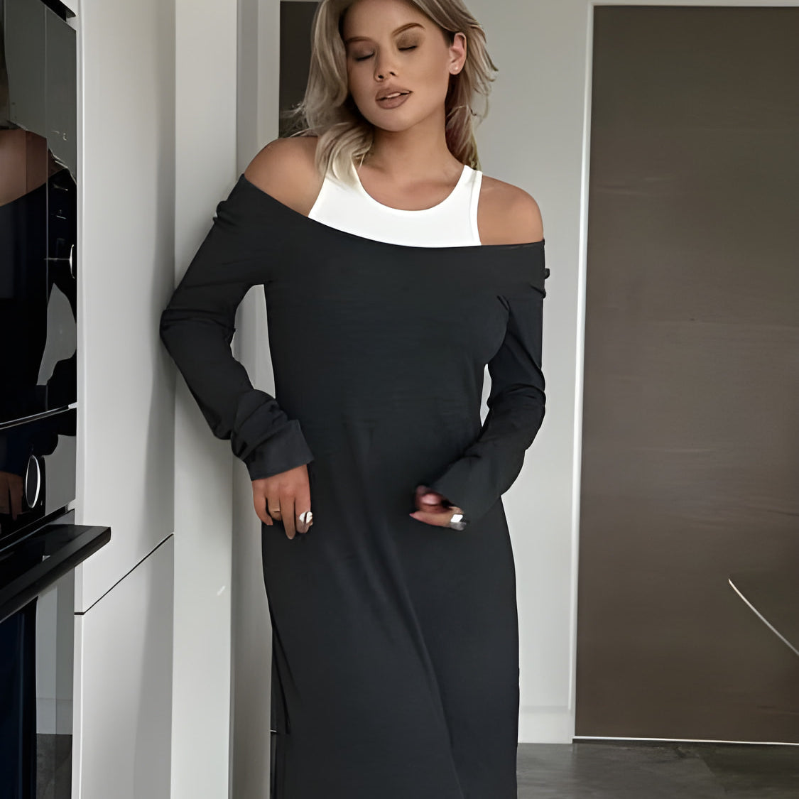 Black off-shoulder maxi dress layered over a white tank top in Attractive Two Piece Vest Dress