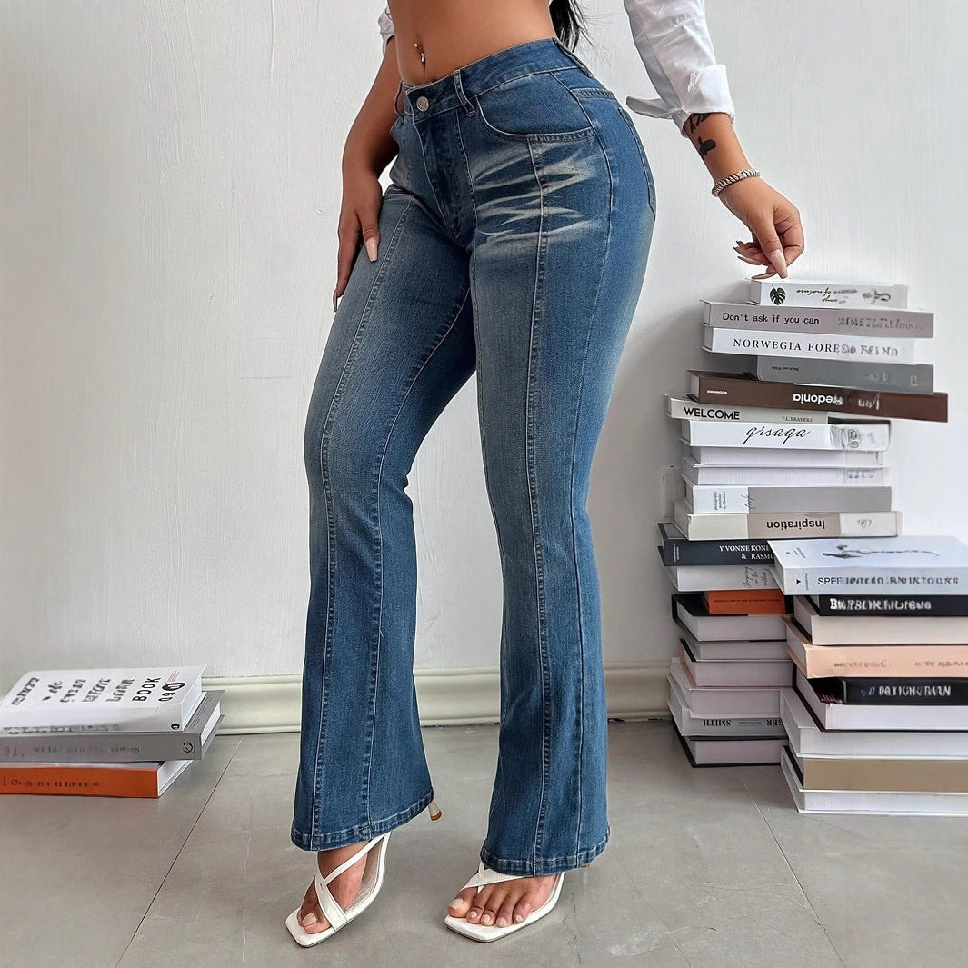 Women’s high-waisted distressed flared blue jeans in casual slimming denim trousers style