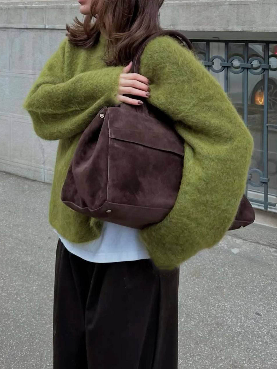 Olive green wool alpaca fuzzy sweater with brown leather bag