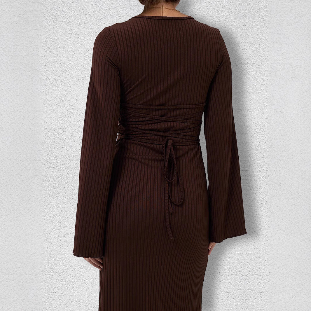 Elegant brown ribbed knit dress with tie back showcasing luxury fashion and ملابس style