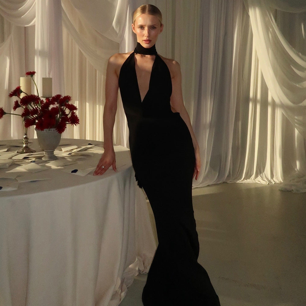 Elegant black halter gown featured in Elegant Slim Halter Maxi Dress for sophisticated fashion