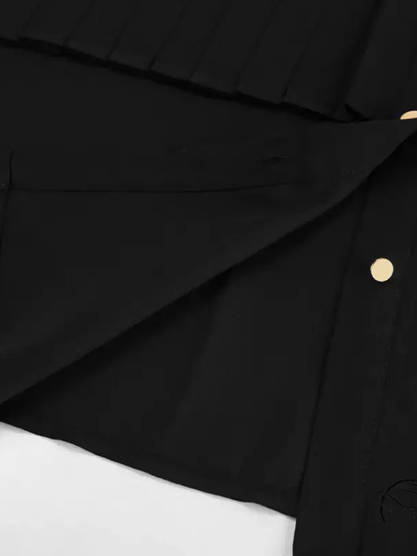 French elegant chiffon white pleated shirt with black button-up and gold buttons