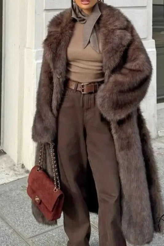 Brown faux fur vintage fox jacket with oversized sleeves and flowing design