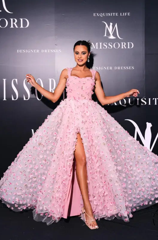 Elegant pink floral gown with square collar and wide hem