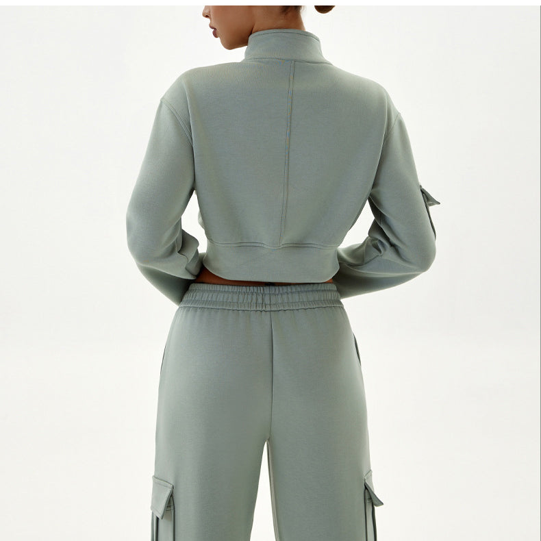 Sage green cropped jacket and cargo pants set from Women Autumn Winter Workwear fashion collection