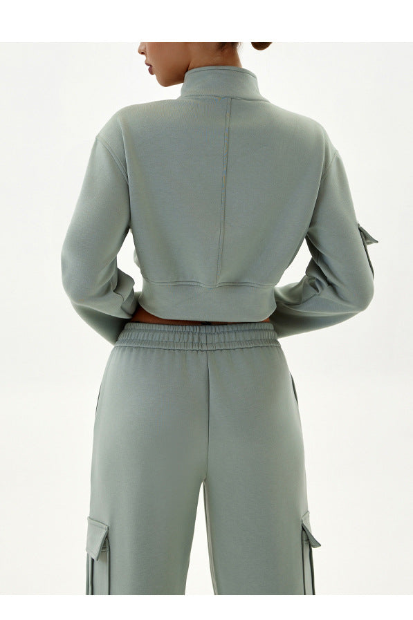 Sage green cropped jacket and cargo pants set from Women Autumn Winter Workwear fashion collection