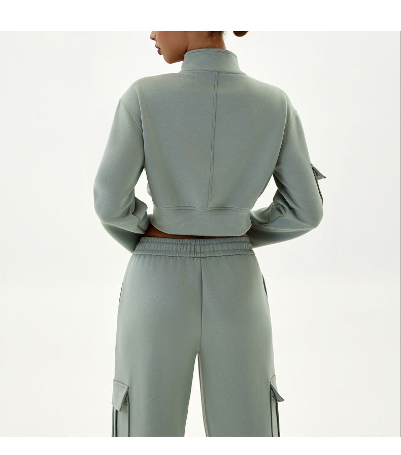 Sage green cropped jacket and cargo pants set from Women Autumn Winter Workwear fashion collection