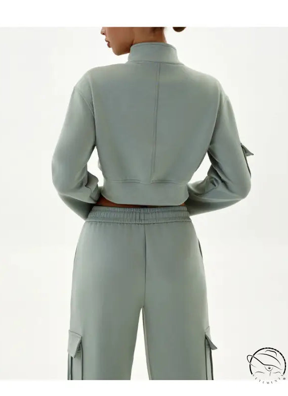 Sage green cropped jacket and cargo pants winter workwear casual sports set