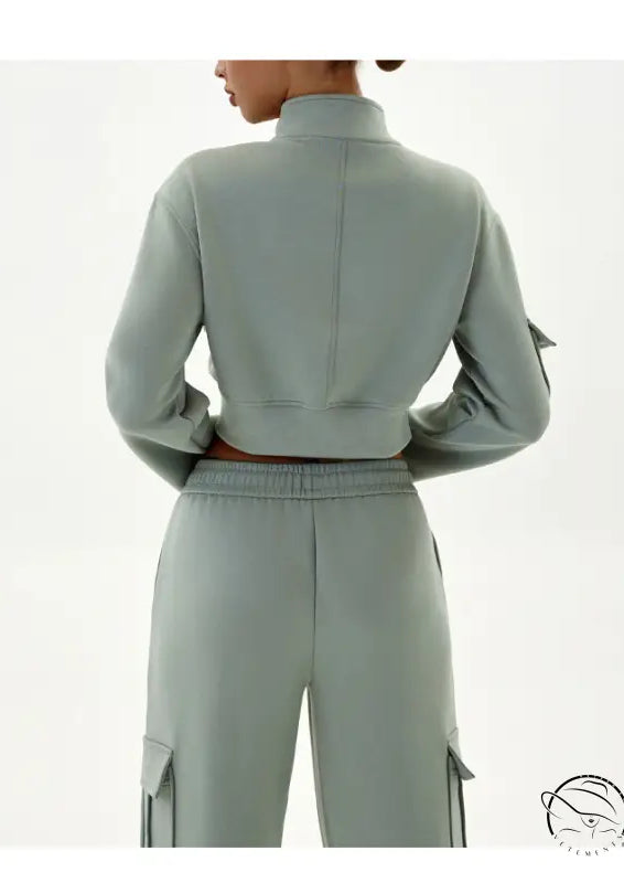 Sage green cropped jacket and cargo pants winter workwear casual sports set