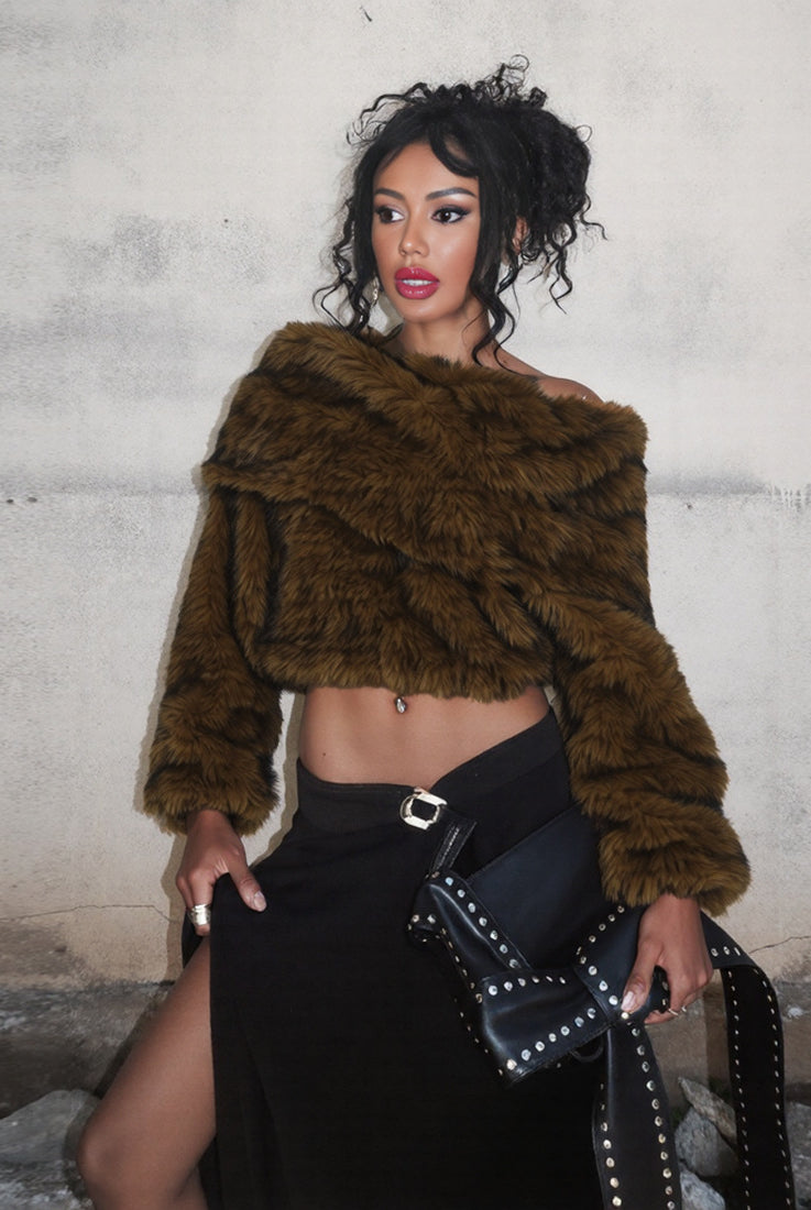 Cozy off-shoulder langry fashion plush top in brown fur with black studded accents