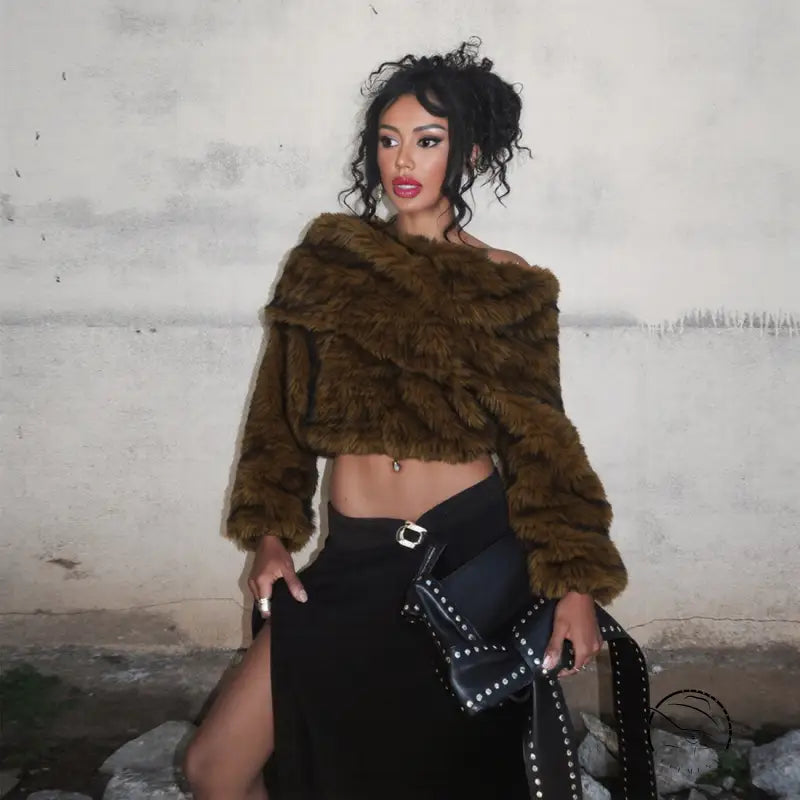 Cozy off-shoulder langry fashion plush top in brown fur with black studded accents